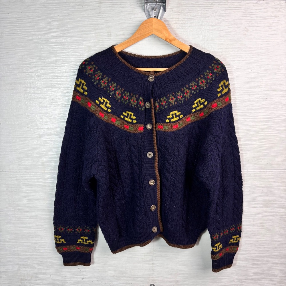 Vintage Benetton Cardigan Shetland Wool Fair Isle Cable Knit Navy Grandpa